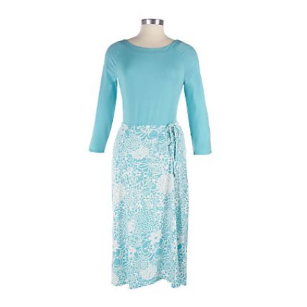 Freelance Solid Top & Printed Skirt/Gathered Detail/Topaz & White/Size XL/NWT!